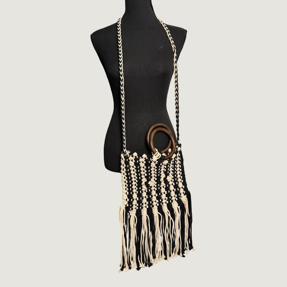 Boho Black Cream Macrame Fringe Festival Crossbody Coastal Bag Wood Ring Handle